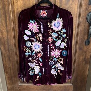 Johnny Was Deep Purple Velvet Top with Floral Embroidery